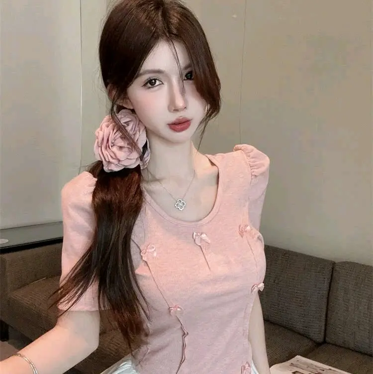 Áo viền nổi đính nơ cổ tròn NƠ NHÍ keke