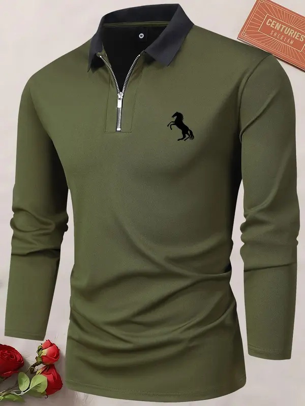 Men's Horse Print Quarter Zipper Polo Shirt, Contrast Collar Longsleeves Polo Shirt, Men's Drippy Outfits, Stylish Going Out Outfit 2