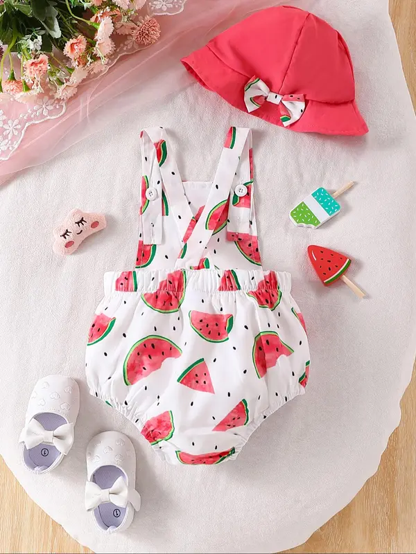 Baby Girl's Watermelon Print Sleeveless Bodysuit & Hat Set, Cute Bodysuit for Infant Toddler Kids, Newborn Baby Girls Clothes for Summer 1