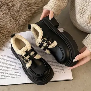 Giày lolita nữ phối lông da cao cấp đế cao 5cm Kai (Chân to tăng 1 size) giay  doc