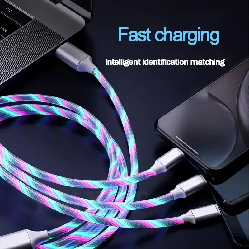 Cáp dữ liệu sạc nhanh LED, 3 trong 1, với đèn LED phát sáng, Sạc nhanh 3A, Cáp Micro USB và Type C, Tương thích với iPhone, Samsung, Xiaomi và điện thoại Redmi, Cáp USB, Bộ sạc điện thoại