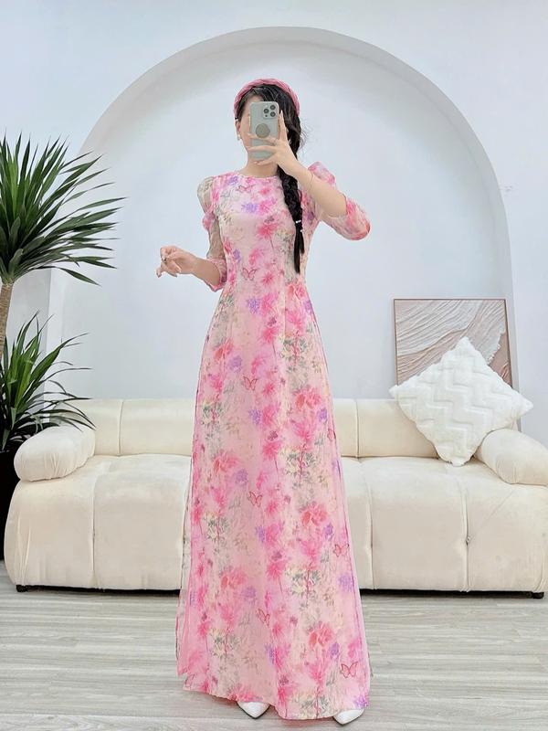 Áo dài nữ thiết kế tơ ép 4 tà màu hồng phấn - MÃ TK156 Women Dress Women Nhung Kem Sen 3