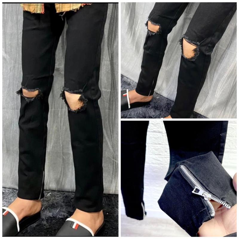 quần jean zipper nam màu đen rách gối, quần bò nam Denim skinny rách gối dáng ôm gọn quần  bò quần  jean Menswear Kem Pants