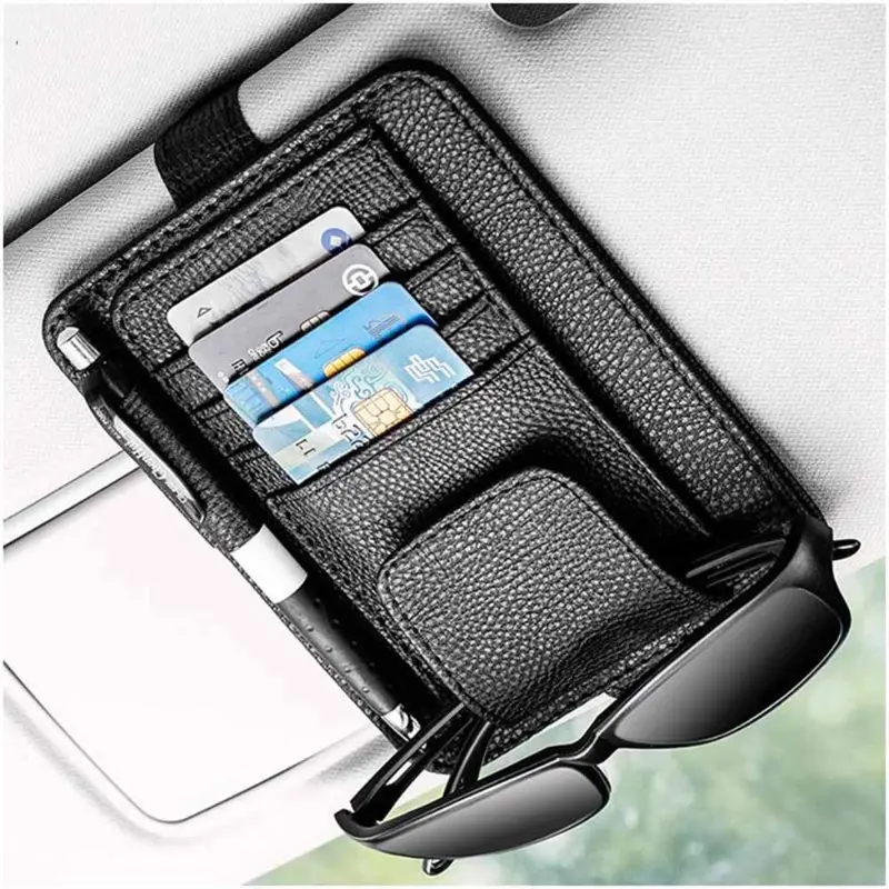 Car Sun Visor Card Pen  Storage Rack Multifunctional Business Leather Hanging Bag Sunglasses Clip