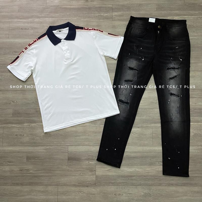 Bộ gồm áo  thun polo Trắng, đen chất liệu thun cá sấu co giản 4 chiều, thấm hút mồ hôi phối cùng quần jeans màu đen  rách, chấm sơn , ôm gọn, co giản thoải mái) size 45-75kg dành cho nam  Menswear thích hợp đi chơi, đi làm, du lịch, dạo phố