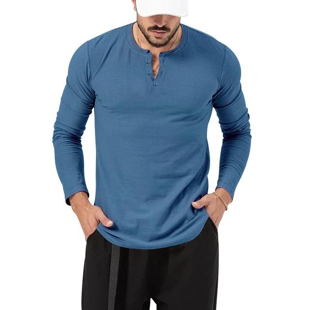 Áo Thun Nam, Cổ Tròn, Màu Trơn Cài Nút, Dài Tay, Henley, Áo Sơ Mi Lớp Nền Thể Thao Thường Ngày 8