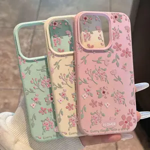 Cantik Casing Untuk iPhone 11 12 13 14 15 16 Pro Max X XS XR Xs Max 14 Pro max Casing Ponsel Bunga merah muda segar Case Kulit Litchi Lunak TPU softcase Layar Penuh Kartun Macaron Jelly Leather Texture Shockproof Phone Case