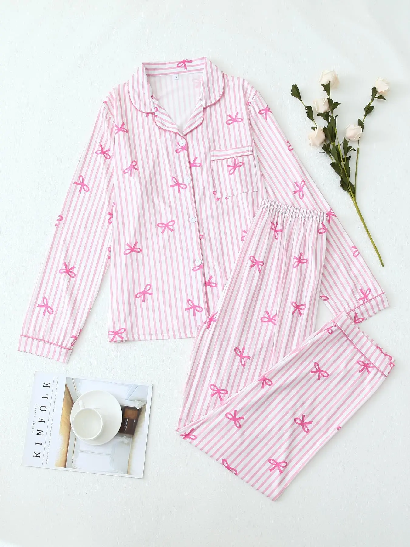 Two-Piece Set Women's All Over Bow Print Lapel Shirt & Pants Pyjama, Casual Comfy Long Sleeve Top & Trousers PJ Set, Women's Sleepwear for Fall & Winter Valentine's Day, gift
