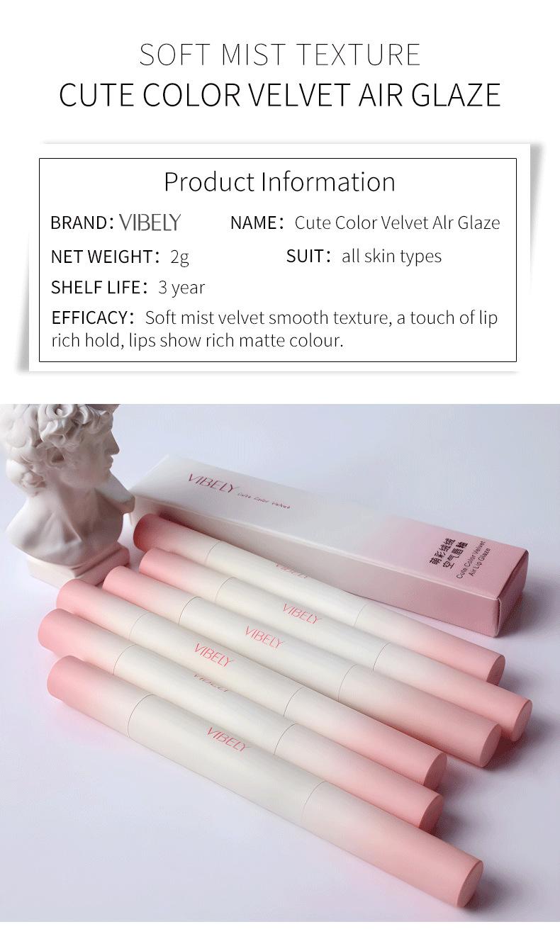 Product Introduction of Krim Bibir Kusyen Udara Matte, Vibely, Reka Bentuk Comel, Cawan tidak melekat, Lakuer Bibir, Kemasan Pusam, Gincu Pseudo Biasa, Sesuai untuk Pesta Pelajar Lipstick Makeup Lipstik 11
