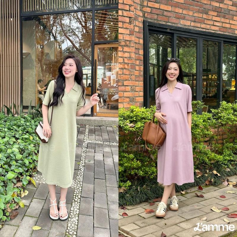 [L'AMME] Váy bầu đầm bầu polo váy suông RIKA Dress chất liệu thun gân co giãn, có độ đàn hồi cao, bigsize, thấm hút mồ hôi tốt thiết kế
