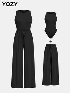YOZY Solid Ribbed Bodysuit & Drawstring Waist Pants Set/ Casual Round Neck Sleeveless Bodysuit & Wide Leg Trousers Set, 2024 Women's Daily Wear for Spring & Summer