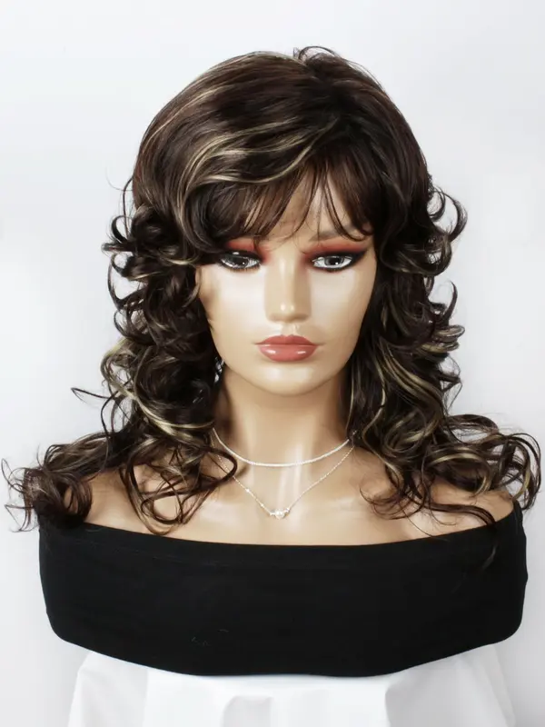 18 Inch Mixed Color Long Wavy Wigs For Women, Gorgeous Fluffy Wigs With Bangs, Synthetic Full Machine Wigs For Parties, Daily Use 2
