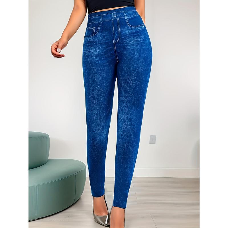 TikTok Shop Women s High Waist Faux Denim Leggings Fashionable Stretchy Slim Fit Suitable for Casual Wear and Running