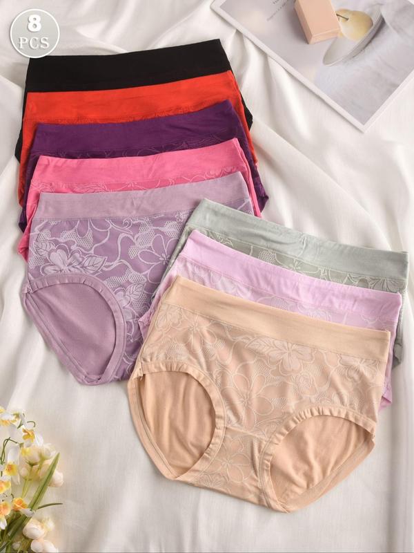 Women's Solid Color Floral Pattern Mid Waist Panty, Soft Comfortable Breathable Knicker for Daily Wear, Ladies Underwear for All Seasons 0