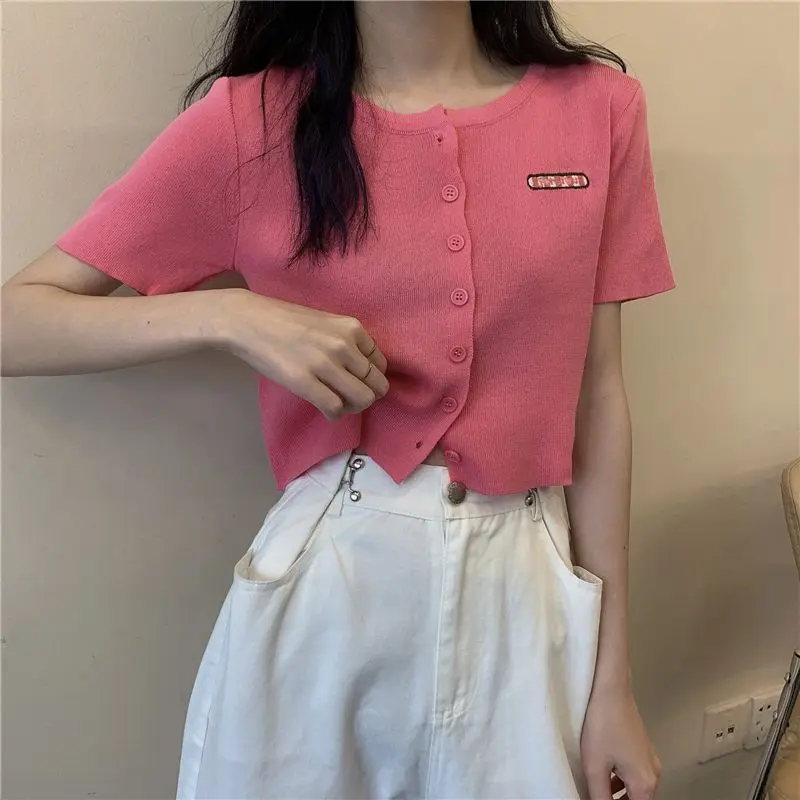 Áo Thun Dệt Kim, Ngắn Tay, Ôm Sát, Màu Trơn Phong Cách Hàn Quốc, Phong Cách Shory, Thêu, Dệt Kim, Dành Cho Nữ, Dễ Phối Đồ, Sành Điệu, Áo Hợp Xu hướng Mùa Hè 2024 Hàng Mới Về