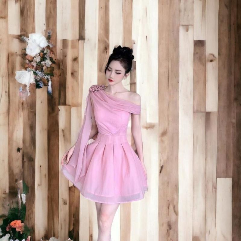  Váy trễ vai tơ bồng Có mút ᵰgực và quần trong Voi Voan Dress Nữ seᵰ Màu Hồng Sen 