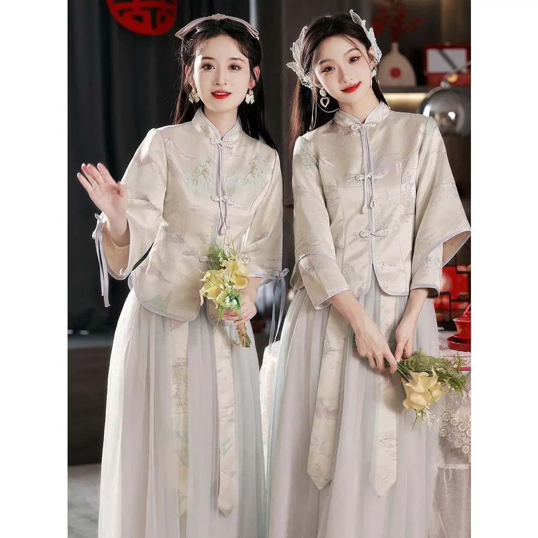 asian style bridesmaid dresses Bridesmaids Gray Chinese Style Dress (BM07) S / Two Layers / Gray