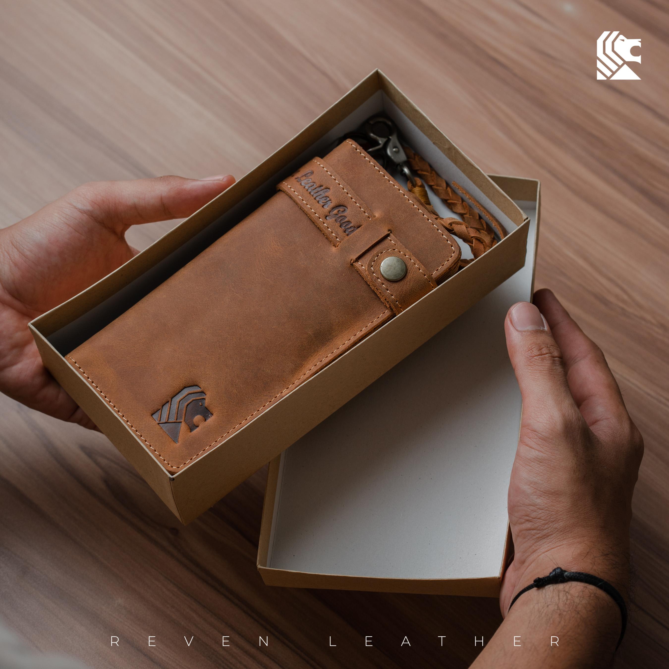 REVEN Bontage Dompet Panjang Lipat 2 Pria Kulit Asli Crazy Horse Klasik Keren Total 9 Slot Ruang Koin Resleting Kancing Klip Pouch HP Rantai Pengaman Untuk Motoran Gaya Cowok