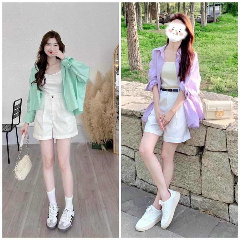 Bộ đồ nữ 3 món khoác lụa sơ mi tay dài kèm áo lót phối quần đùi tông trắng phong cách cá tính sành điệu