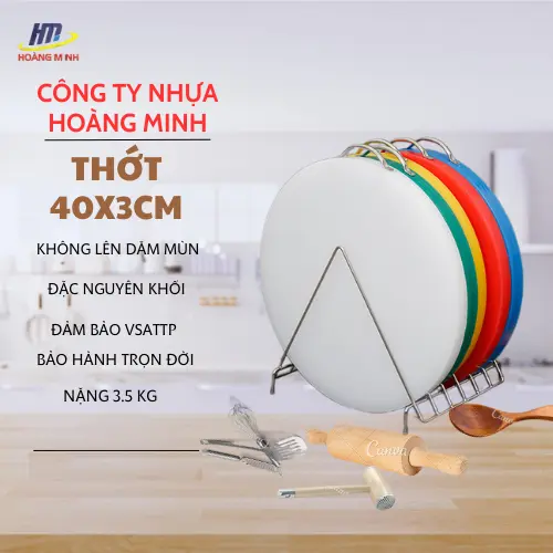 Thớt nhựa tròn 40x3cm, có quai xách, chất HDPE nhựa nguyên sinh, đúc nguyên khối