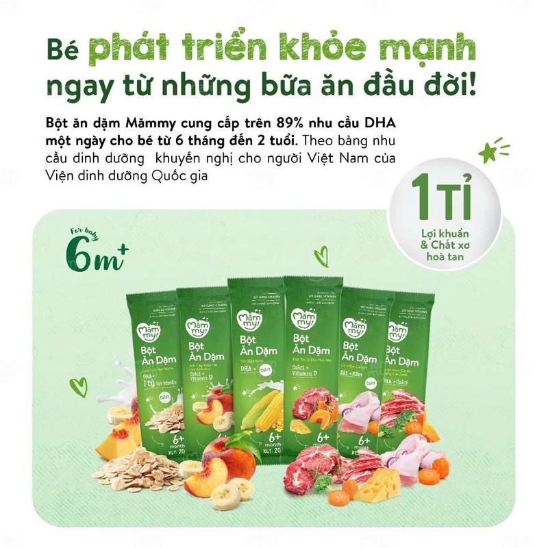 Gói bột ăn dặm Mămmy cho bé gồm yến mạch, sữa bắp non, trái cây, cháo sườn heo, thịt bò, gà hầm - 1 gói/20g cháo gói cho bé ăn dặm