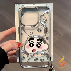 Casing TPU Crayon Shinchan Lucu Dan Kartun Trendi Kompatibel Untuk IPhone 11 15 13 14 12 Pro Max 7 15 14 8 Plus XR XS X Max SE 2020 Bingkai Elektroplating Mewah Penutup Lembut Anti Guncangan