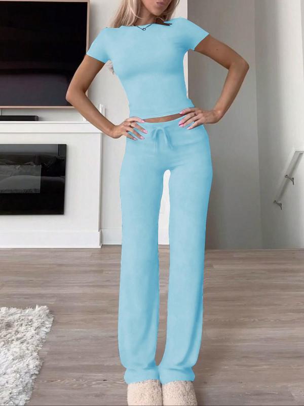 Women's Solid Short Sleeve Two-piece Set, Casual Tracksuit, Round Neck Crop Tee & Drawstring High Waist Trousers, Sixth Form Outfit, Co Ords for Women, Holiday Evening Outfits, Classy Going Out Tops & Pants Autumn Outfits 2024, Gym Sets, Fall Outfits 6