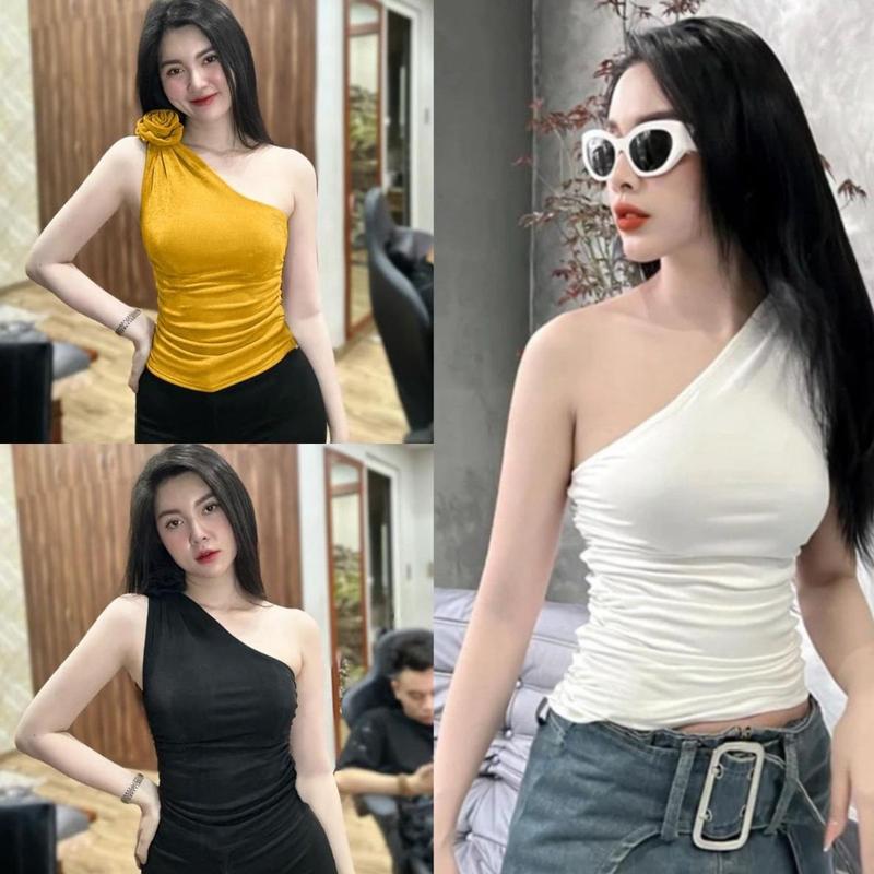 Áo chéo 1 bên vai ôm dáng nhúm sườn đính hoa vai và eo cực hot mã 02 Nữ Women