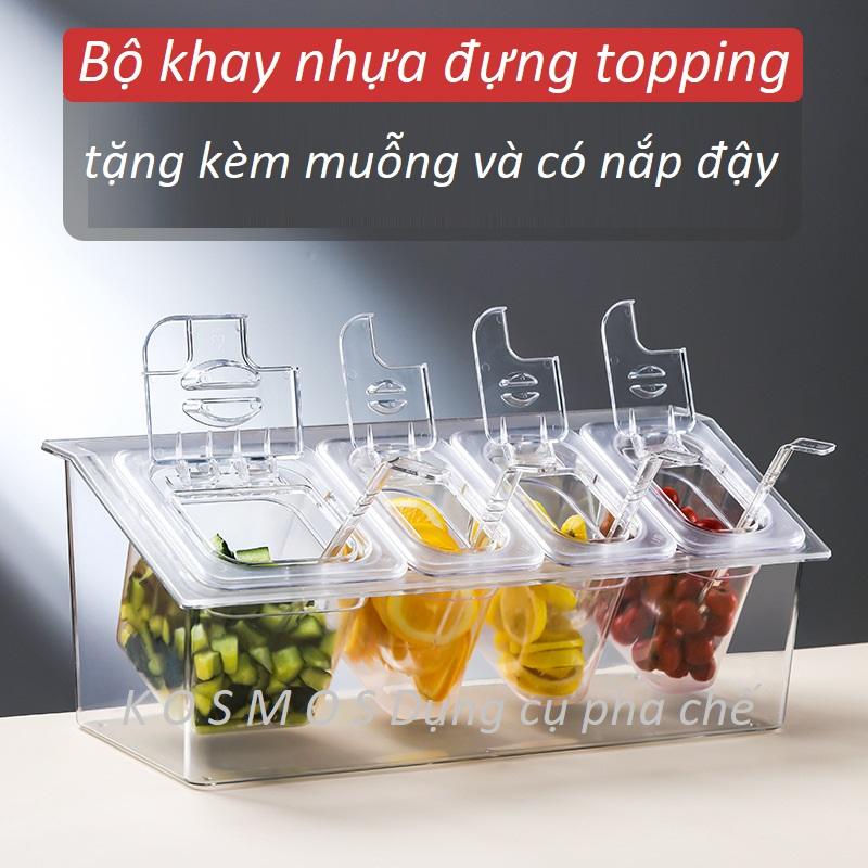 Bộ khay nhựa PC giữ lạnh đựng thạch topping, nguyên liệu pha chế 2 ngăn, 3 ngăn, 4 ngăn cao cấp