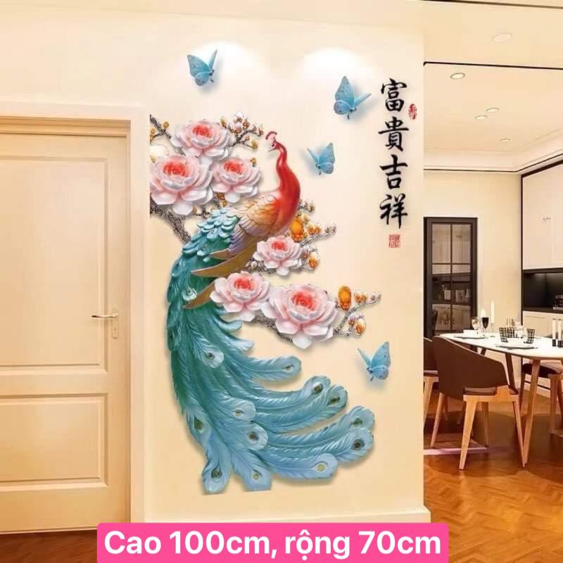 Decal dán tường trang trí phòng khách bình hoa và công Decor Đồng 2