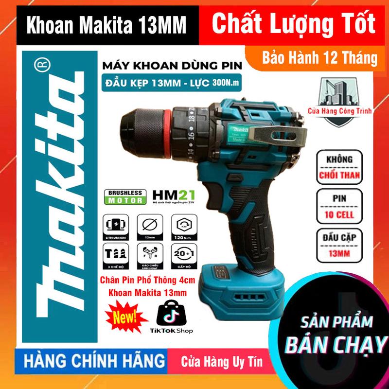 Khoan pin 3 chức năng Makita Đầu kẹp 13mm ,lực siết 300Nm, motor không chổi than , móc cài kim loại