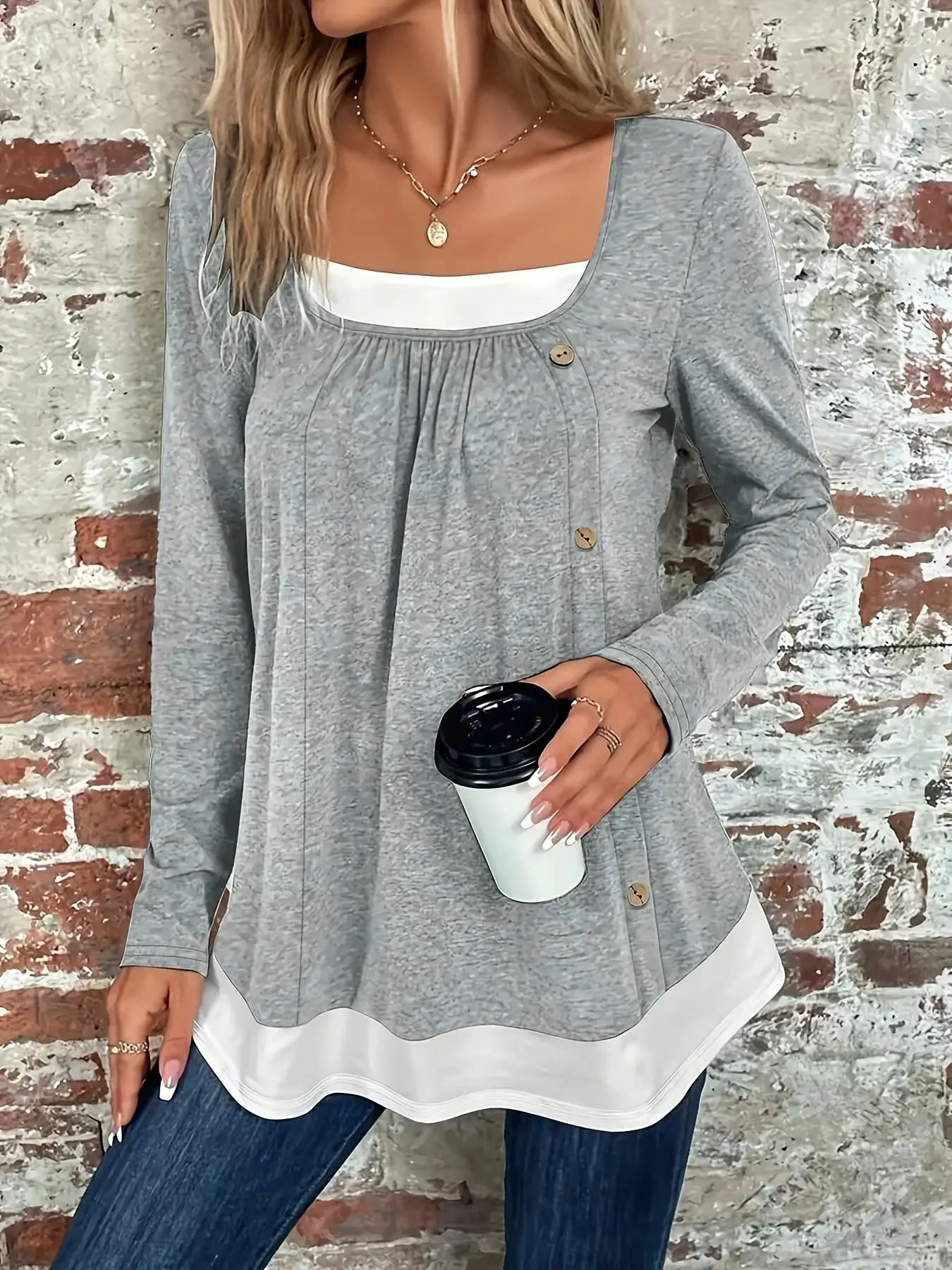 【Plus Size】 Colorblock Button Decor Tee, Casual Long Sleeve T-shirt for Spring & Fall, Women's Plus Clothing for Daily Wear, Elegant Classy Tops