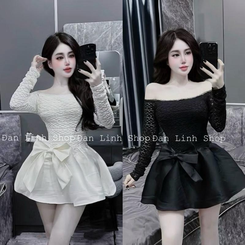 Đầm Ren Bệt Vai Phối Tùng Váy Nơ TacTa  ( Có Kèm Quần Trong )