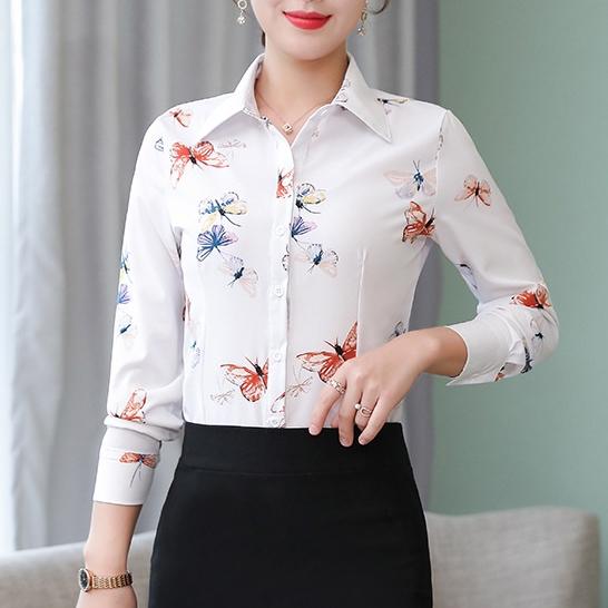Áo Sơ Mi Trắng Dài Tay Cho Nữ, Áo Sơ Mi Mỏng In Hình Bướm, Hoa, Mới