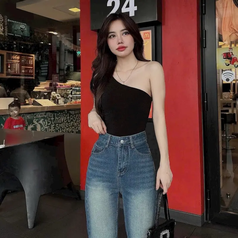 Dài 95cm - Quần Baggy Jean Nữ Thêu Thỏ Nhỏ Xinh Vải Mềm Lưng Cao Tôn Dáng 358 (40-70ky) - nữ  Pants Có Túi quần bò quạ ne Women 2