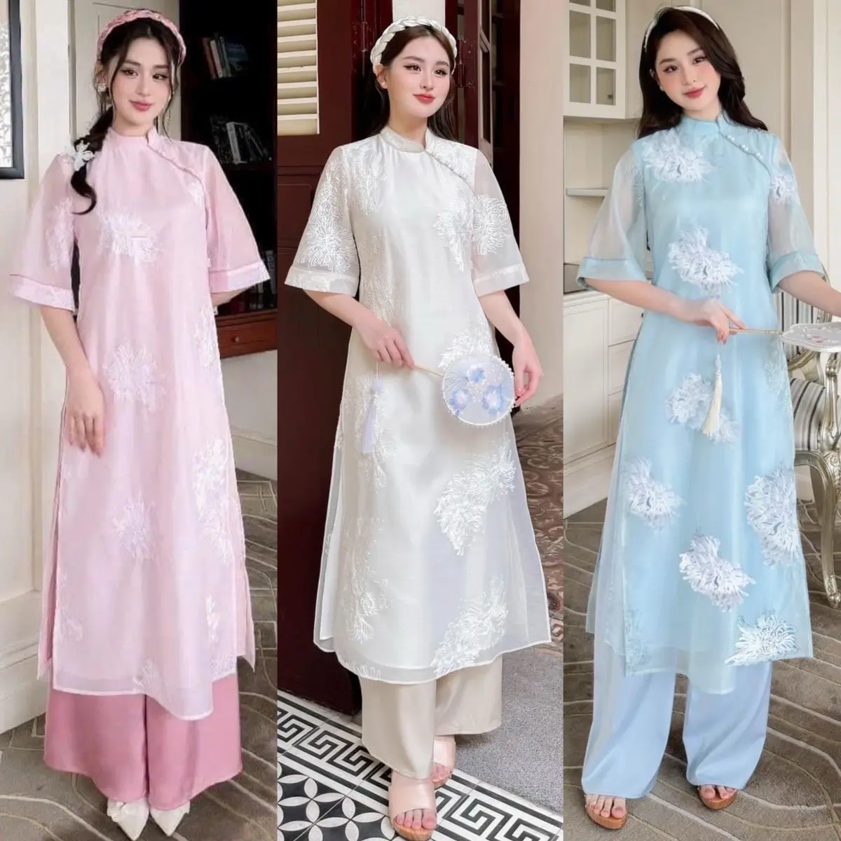 Set Áo Dài Tơ San Hô thêu hoa Kèm Quần Lụa Phi cao cấp- CÁT TƯỜNG Women Nữ Kem Voi Dress Voan