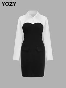 YOZY Women's Colorblock Pocket Button Shirt Collar Dress, Elegant Long Sleeve Dress for Work Office Business, Ladies Clothes for All Seasons
