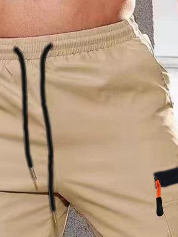 Men's Solid Color Cargo Pants, Regular Fit Casual Comfy Elastic Waist Trousers for Daily Wear, Men's Bottoms for All Seasons, Beige 5