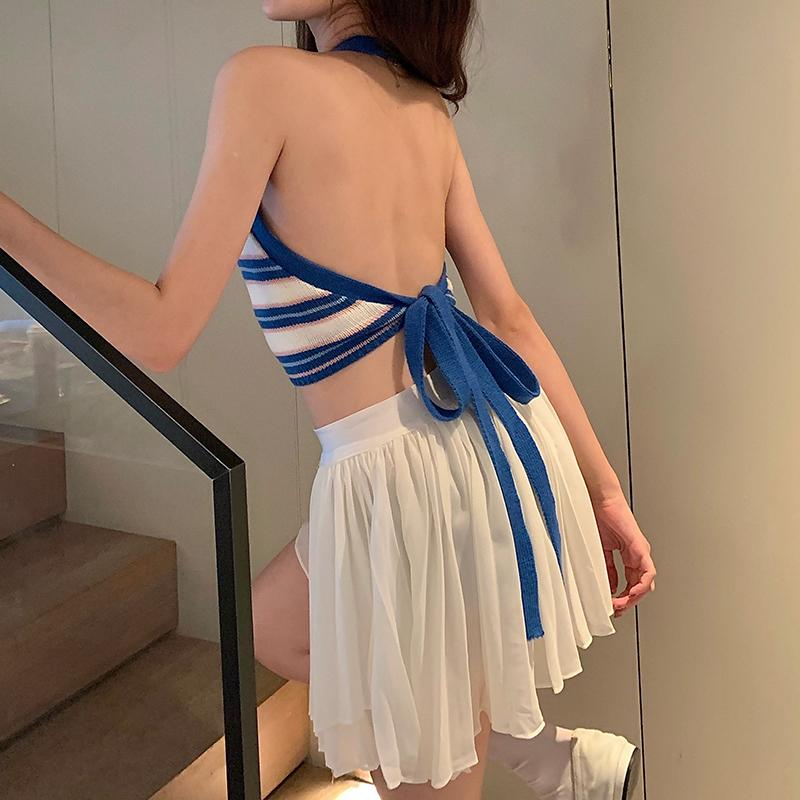Women Sexy Backless Vest, Stripe Pattern Halter Neck Crop Tops 3