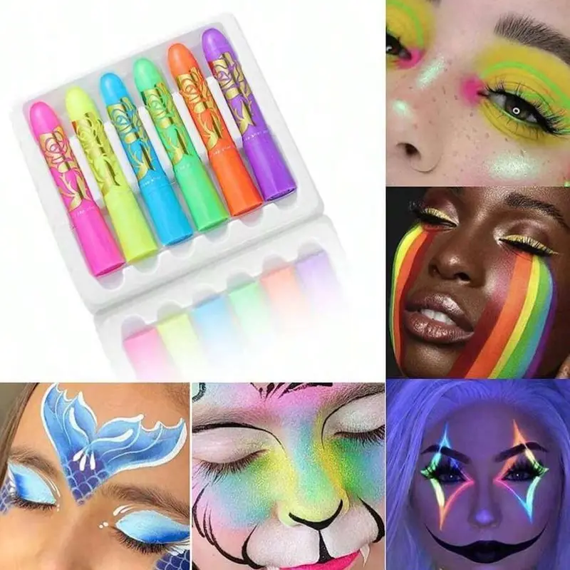 Fluorescent Face & Body Paint Sticks, 6 Counts/set Neon Face Body Paint Makeup, Body Makeup for Party Cosplay Festival, Cosmetic 4