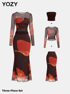 YOZY Women's All Over Print Long Sleeve Top & Plain Tube Top & Mermaid Skirt Three-piece Set, Elegant Fashion Outfits for Daily Outdoor Wear, Ladies Clothes for All Seasons