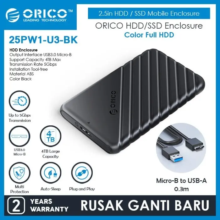 Casing HDD ORICO 25PW1-U3 2.5 inch USB 3.0 Hard Drive Enclosure Disk Black