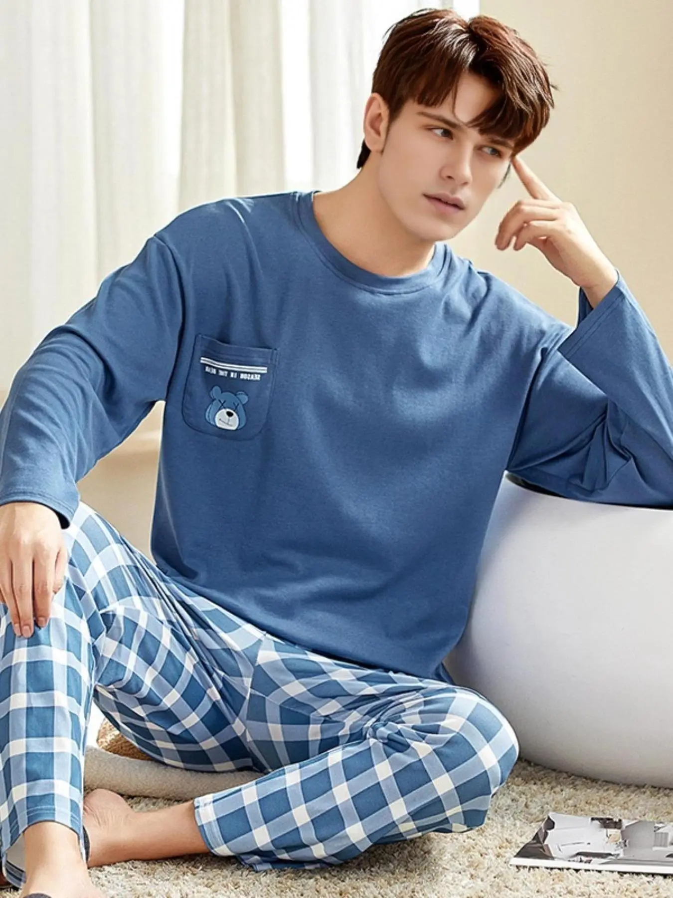 Men's Plaid Print Pajama Set, Casual Comfy Long Sleeve Tee & Pants, Men's Sleepwear for Spring & Fall