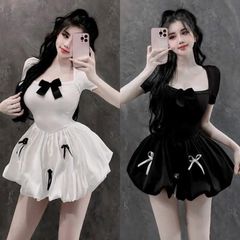  Đầm Bí Tay Ngắn Đính Nơ Chất Gân Tăm Phối Kate Xinh Duyên Dáng Top Cho Nữ - Women Dress Đen váy bí  nơ đầm xếp ly màu đỏ hồng đính tua rua 