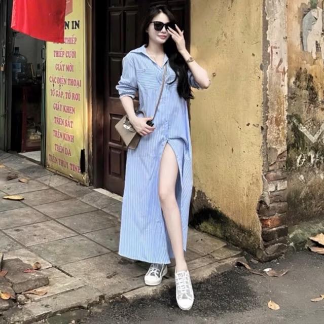 Váy sơmi kẻ 2 túi dáng dài kèm đai
