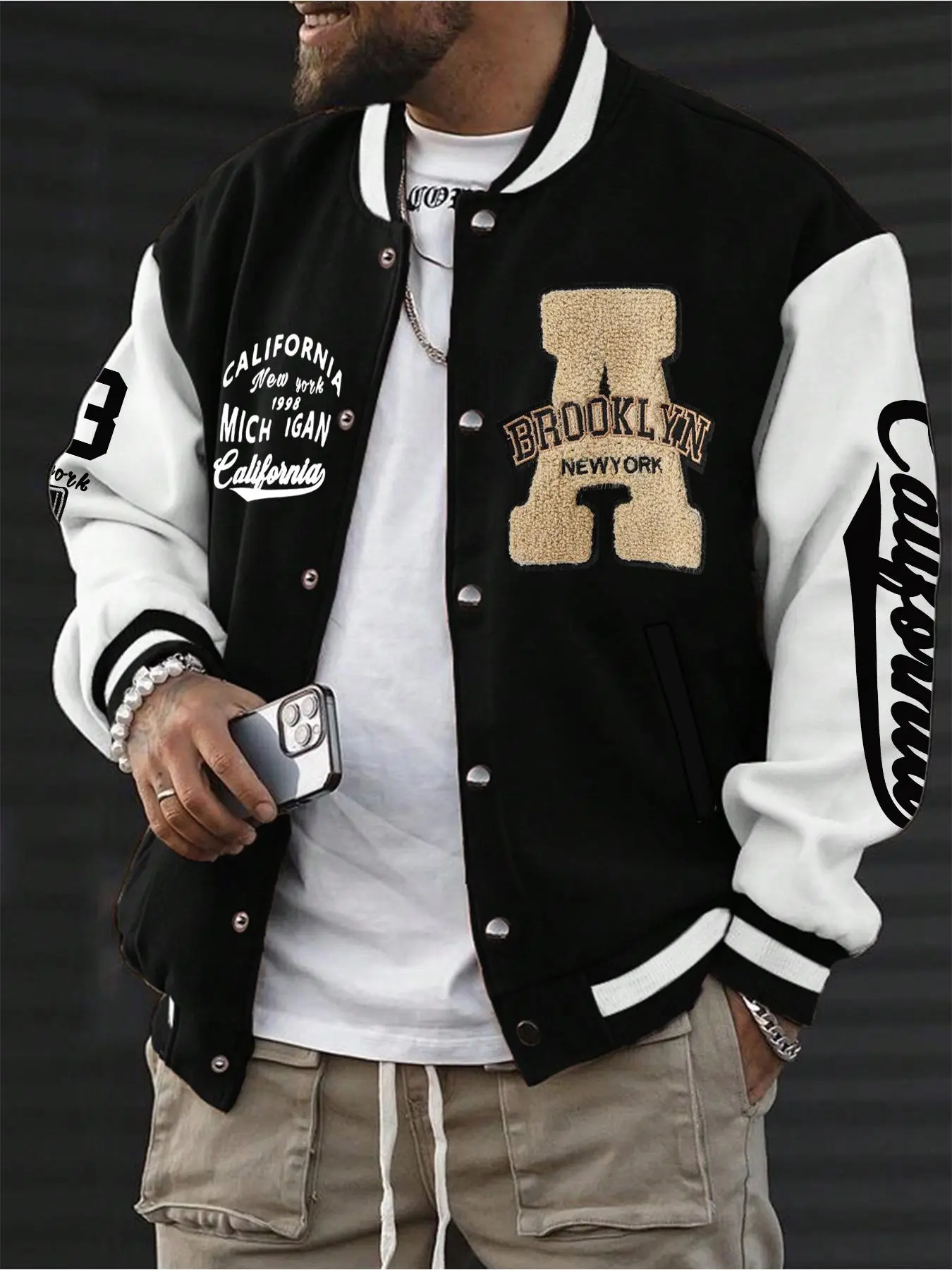 Men's Letter & Graphic Print Varsity Jacket, Casual Street Style Retro Baseball Collar Long Sleeve Outerwear for Fall & Winter, Men's Clothes for Daily Wear, Coats