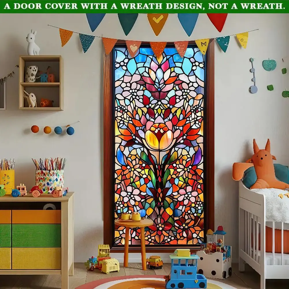 Stained Glass Pattern Door Curtain, 1 Count Colorful Door Cover with Tassel, Door Accent for Home Living Room Bedroom Decor
