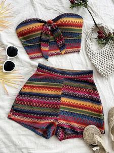 Conjunto de top corto tipo tubo y shorts de cintura alta con patrón de rayas para mujer, conjunto de dos piezas cómodo y a la moda para uso diario y al aire libre, ropa de damas para todas las estaciones