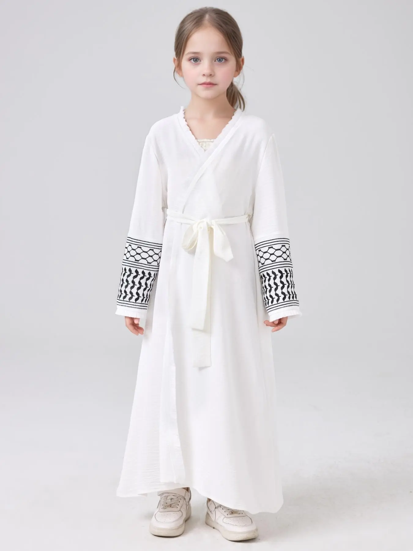 Girl's Embroidery Design Open Front Coat with Belt, Casual Long Sleeve Outerwear for Daily Wear, Kids Clothes for All Seasons
