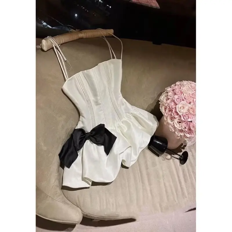 ￼Đầm hai dây tafta kim tuyến đính nơ_ChuMij VN